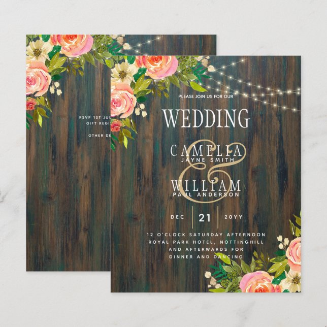 LeahG Rustic Wood Peach Coral Floral Wedding (Front/Back)