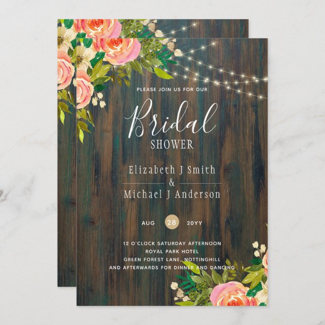 LeahG Rustic Wood Peach Coral Floral Wedding Invitation (Front/Back)