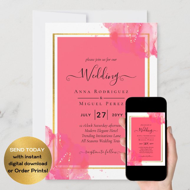 LeahG Salmon PINK GOLD WEDDING Alcohol Ink Invitation (Creator Uploaded)