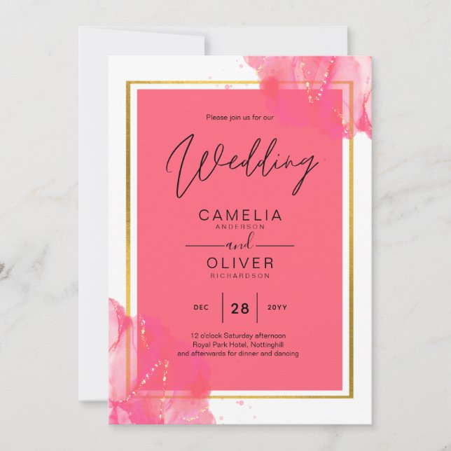 LeahG Salmon PINK GOLD WEDDING Alcohol Ink Invitation (Front)