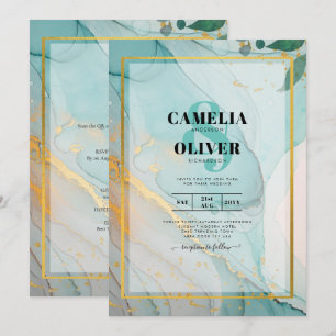 LeahG Sea Glass Teal Gold INK Wedding INVITE