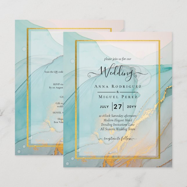 LeahG Sea Glass Teal Gold INK Wedding INVITE (Front/Back)