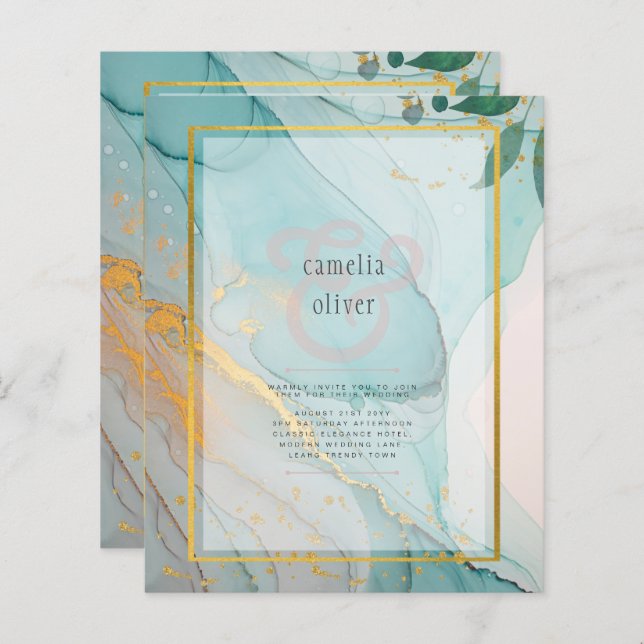 LeahG Sea Glass Teal Gold INK Wedding INVITE (Front/Back)