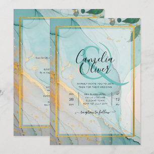 LeahG Sea Glass Teal Gold INK Wedding INVITE