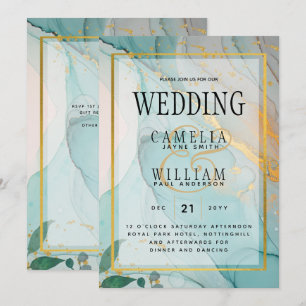 LeahG Sea Glass Teal Gold INK Wedding INVITE