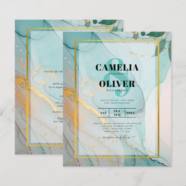 LeahG Sea Glass Teal Gold INK Wedding INVITE (Front/Back)