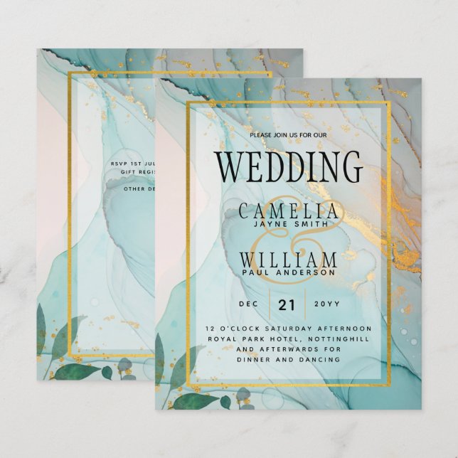 LeahG Sea Glass Teal Gold INK Wedding INVITE (Front/Back)