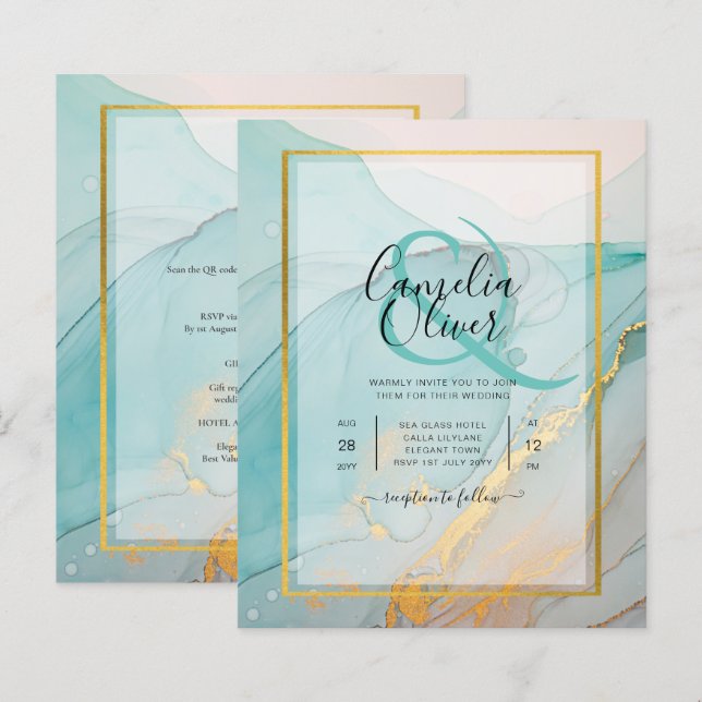 LeahG Sea Glass Teal Gold INK Wedding INVITE (Front/Back)