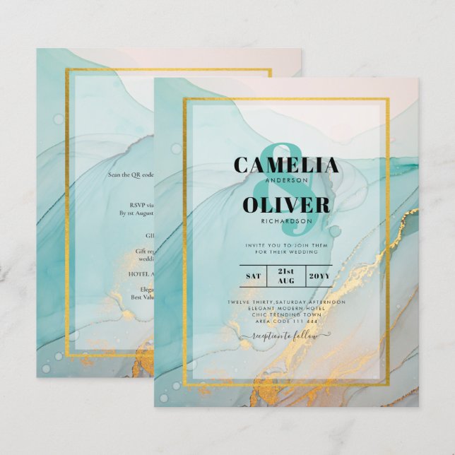 LeahG Sea Glass Teal Gold INK Wedding INVITE (Front/Back)