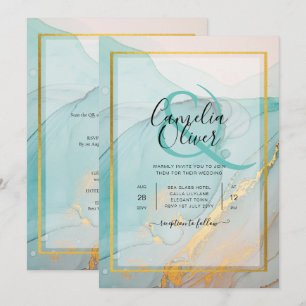 LeahG Sea Glass Teal Gold INK Wedding INVITE