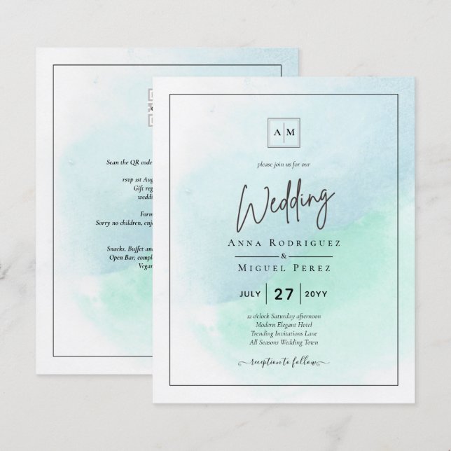 LeahG Sea Glass Turquoise Teal Blue Wedding INVITE (Front/Back)