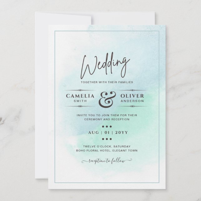 LeahG Sea Glass Turquoise Teal Blue Wedding INVITE (Front)