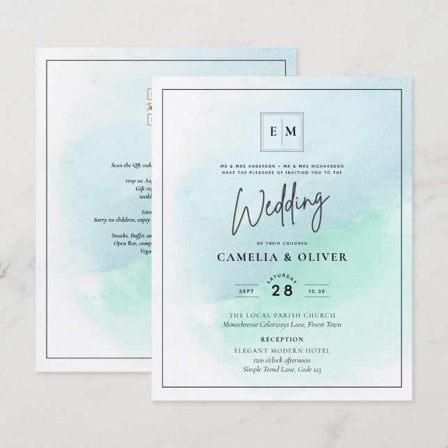 LeahG Sea Glass Turquoise Teal Blue Wedding INVITE (Front/Back)