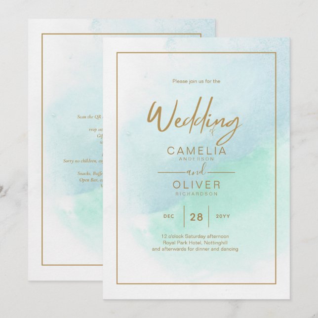 LeahG Sea Glass Turquoise Teal Blue Wedding INVITE (Front/Back)