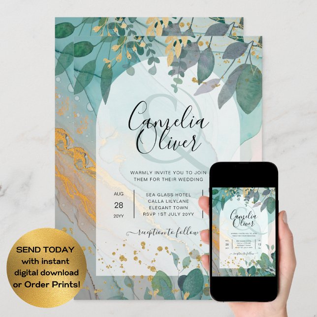 LeahG Seaglass Ink Teal Gold Greenery Wedding Inv Invitation (Creator Uploaded)