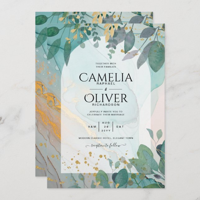 LeahG Seaglass Ink Teal Gold Greenery Wedding Inv Invitation (Front/Back)