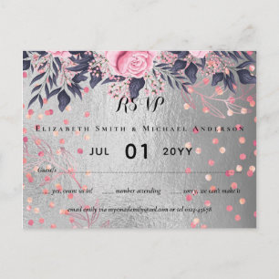 LeahG Silver Navy Rosegold PInk Floral Wedding Postcard