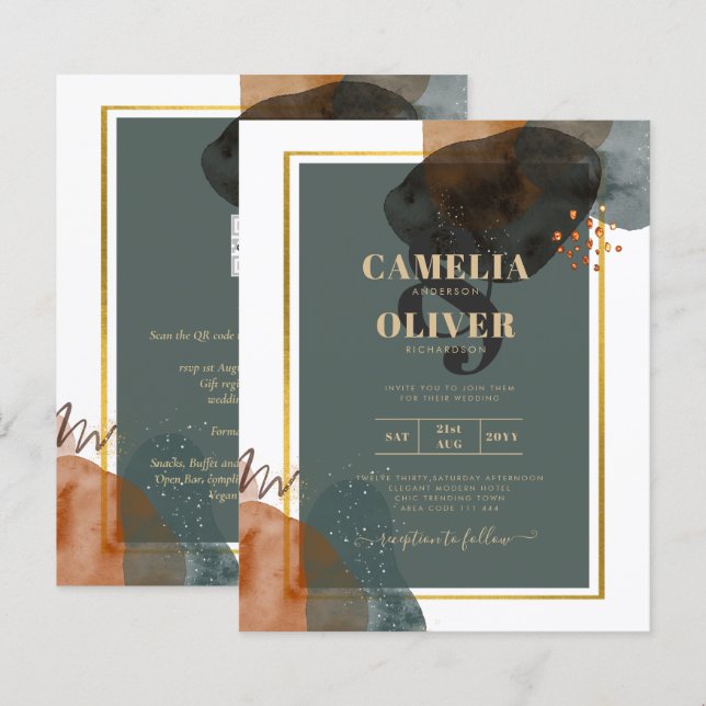 Leahg TEAL EARTH TONES WEDDING INVITE QR Code (Front/Back)
