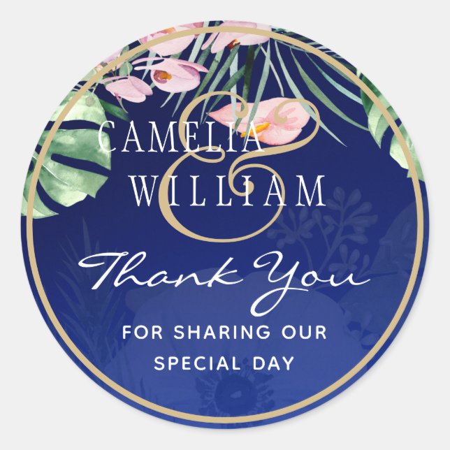 LeahG Tropical Blue Green Pink Floral Wedding Classic Round Sticker (Front)