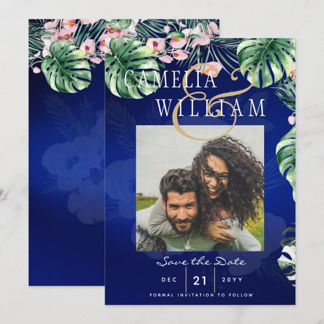 LeahG Tropical Blue Green Pink Floral Wedding Invitation (Front/Back)