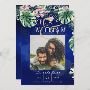 LeahG Tropical Blue Green Pink Floral Wedding Invitation