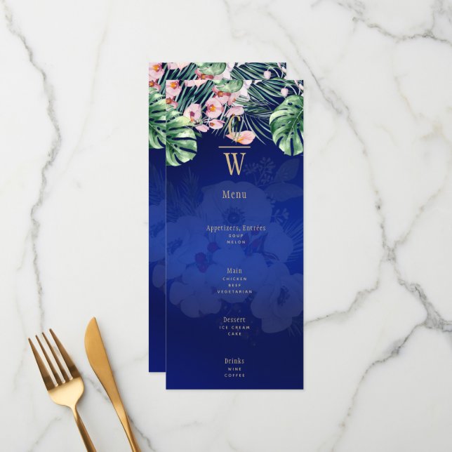 LeahG Tropical Blue Green Pink Floral Wedding Menu (Front/Back In Situ)
