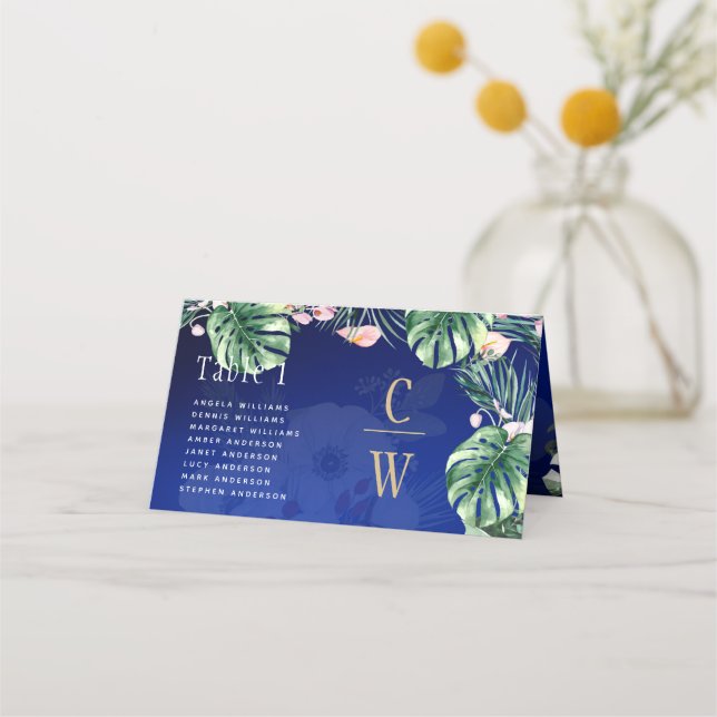LeahG Tropical Blue Green Pink Floral Wedding Place Card (Front)