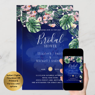 LeahG Tropical Blue Pink Floral BRIDAL SHOWER Invitation