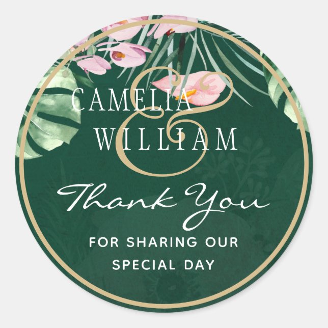 LeahG Tropical Green Pink Botanical Wedding Classic Round Sticker (Front)