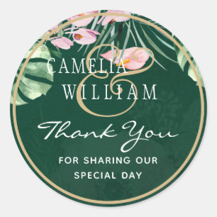 LeahG Tropical Green Pink Botanical Wedding Classic Round Sticker