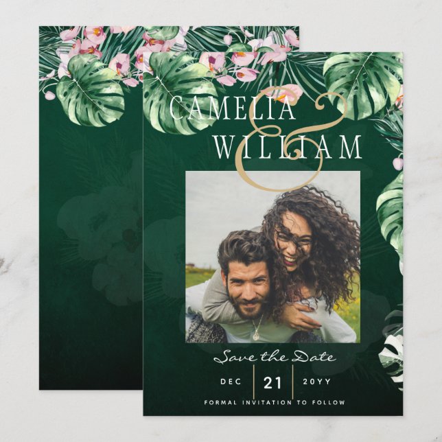 LeahG Tropical Green Pink Botanical Wedding Invitation (Front/Back)