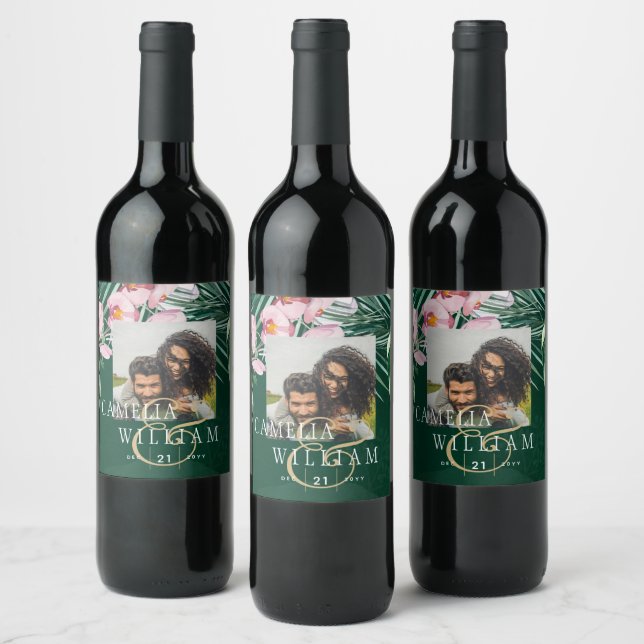 LeahG Tropical Green Pink Botanical Wedding Wine Label (Bottles)