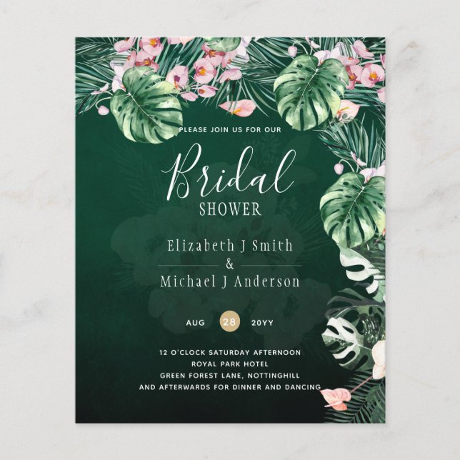 LeahG Tropical Green Pink Floral Leaf Wedding Flyer (Front)