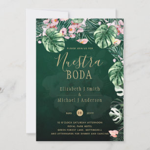 LeahG Tropical Green Pink Floral Leaf Wedding Invitation
