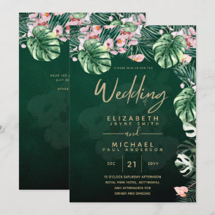LeahG Tropical Green Pink Floral Leaf Wedding Invitation
