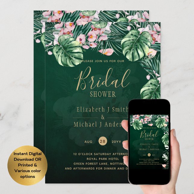 LeahG Tropical Green Pink Floral Leaf Wedding Invitation (Creator Uploaded)