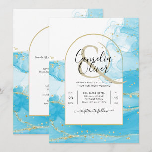 LeahG Turquoise Gold Aqua Blue Wedding INVITE