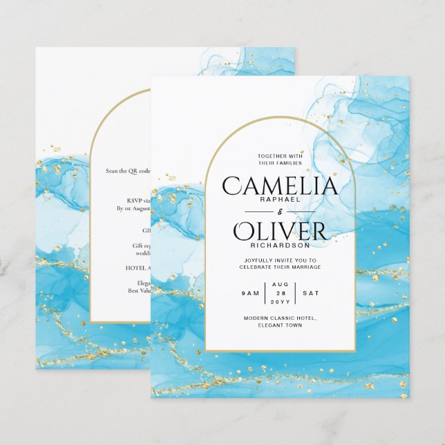 LeahG Turquoise Gold Aqua Blue Wedding INVITE (Front/Back)