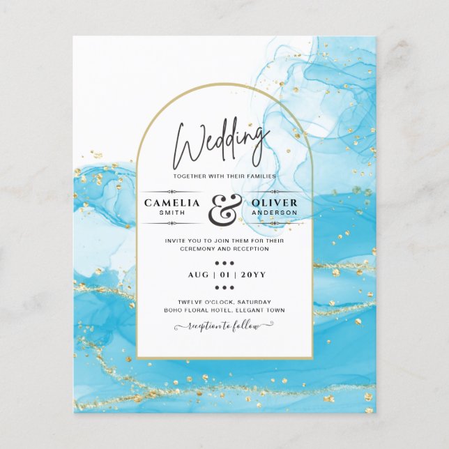 LeahG Turquoise Gold Aqua Blue Wedding INVITE (Front)