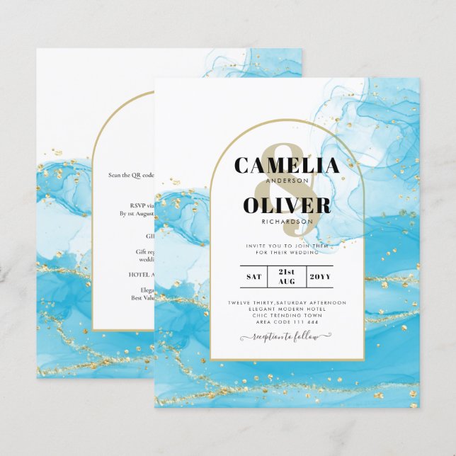 LeahG Turquoise Gold Aqua Blue Wedding INVITE (Front/Back)