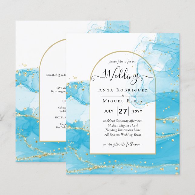 LeahG Turquoise Gold Aqua Blue Wedding INVITE (Front/Back)
