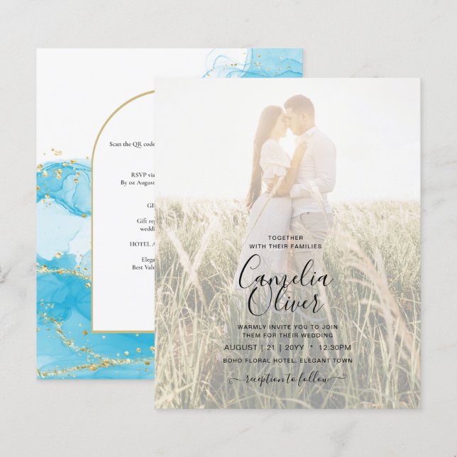 LeahG Turquoise Gold Aqua Blue Wedding INVITE (Front/Back)