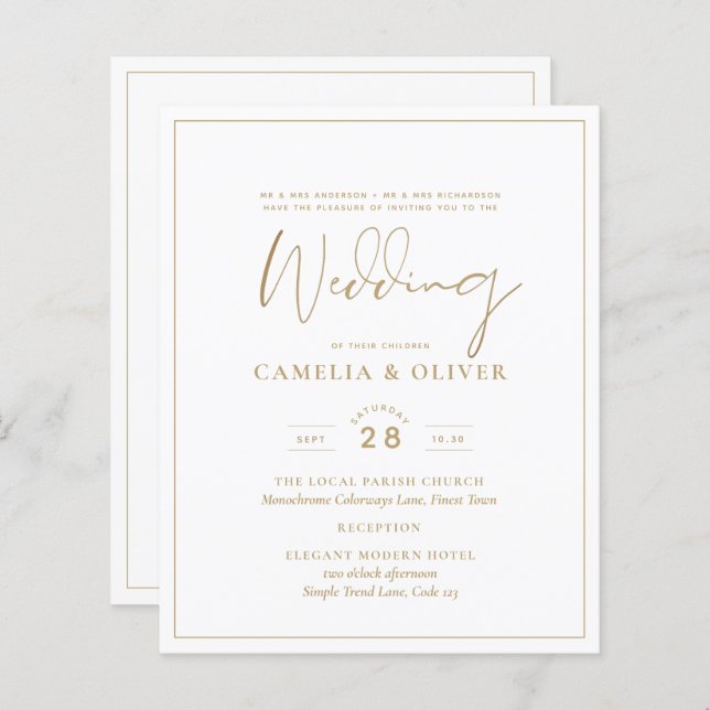 LeahG White Gold Classic Typography Wedding Invite (Front/Back)
