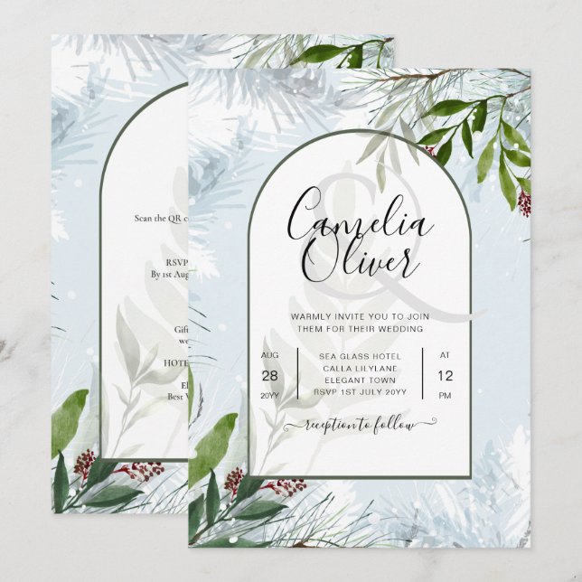 LeahG Winter Wedding Aqua Blue Green INVITE (Front/Back)