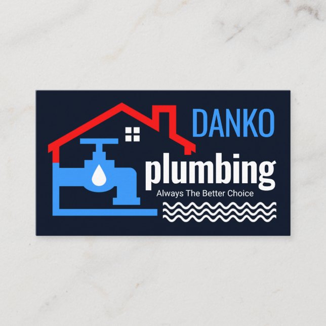 Leaking Blue Faucet Under Building Business Card (Front)