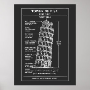 Leaning Pisa Tower Blueprint Art Poster