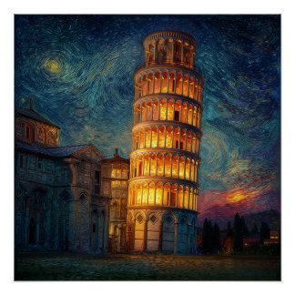 Leaning Tower of Pisa by night Poster