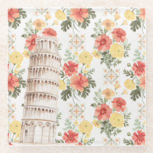 Leaning Tower Yellow Orange Flowers Glass Coaster