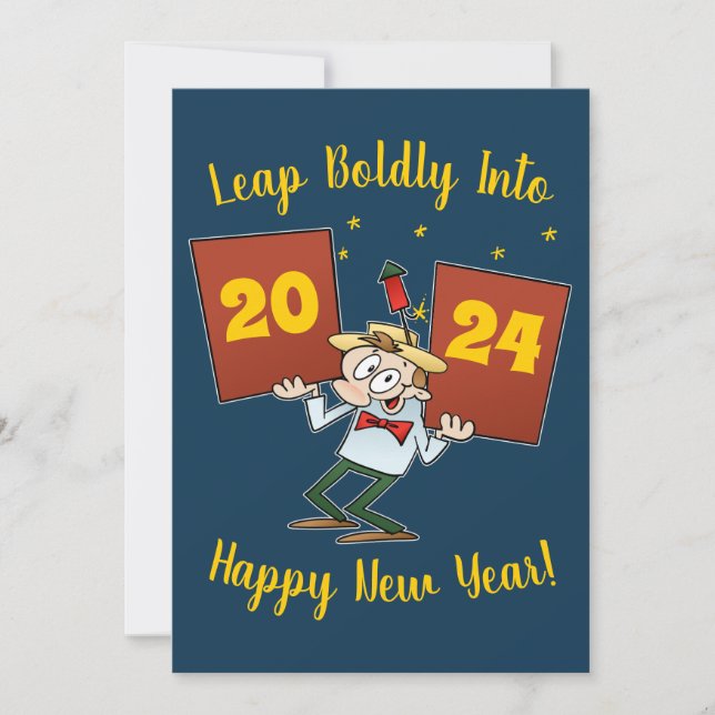 Leap Boldly Into 2024 New Year Celebration Cartoon Holiday Card (Front)