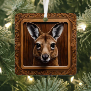 "Leap of Nature: A Kangaroo Wood Print" Metal Ornament